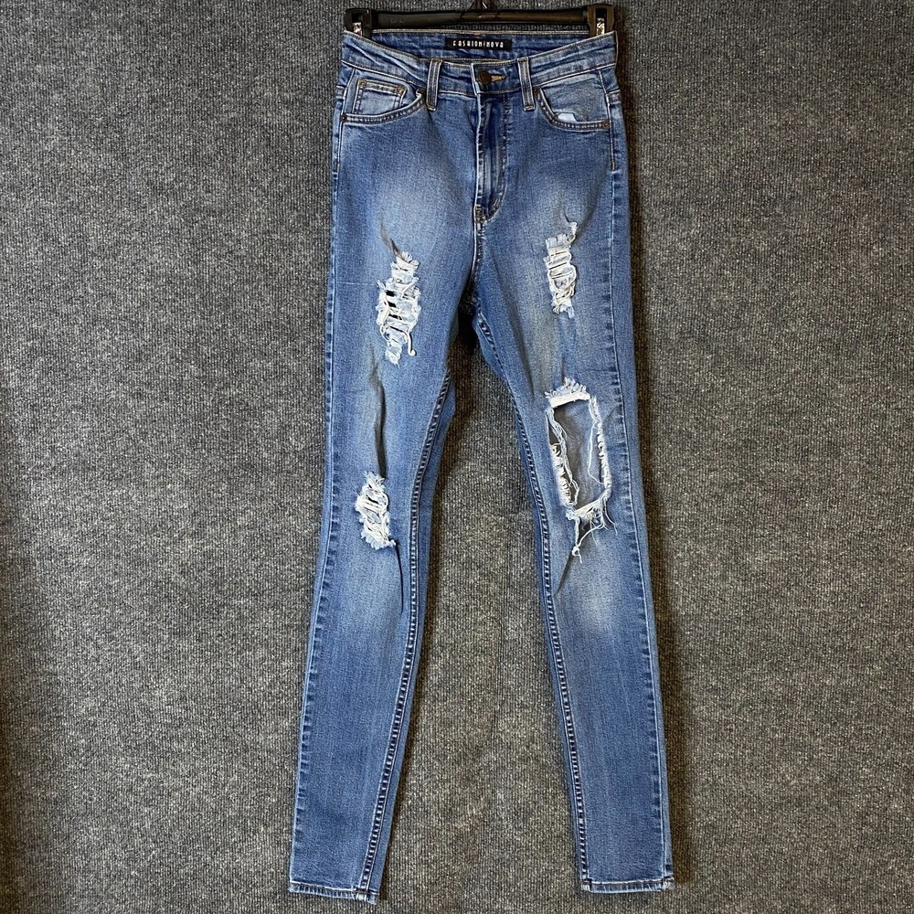 Fashion Nova Parkers Jeans Womens 3 Blue High Waisted Skinny Distressed P5216‎